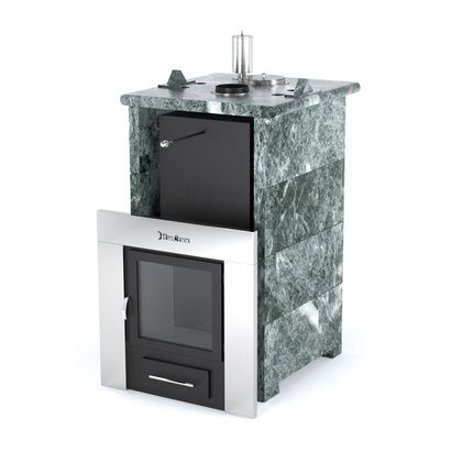 Газовая печь для бани ИзиСтим «Сочи» в трёхстороннем кожухе из змеевика в Бердске