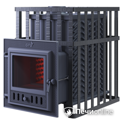 Дровяная банная печь Гефест ЗК в сетке-18 (М) чугунная дверца со стеклом, запатентованная каменка сетка в Бердске